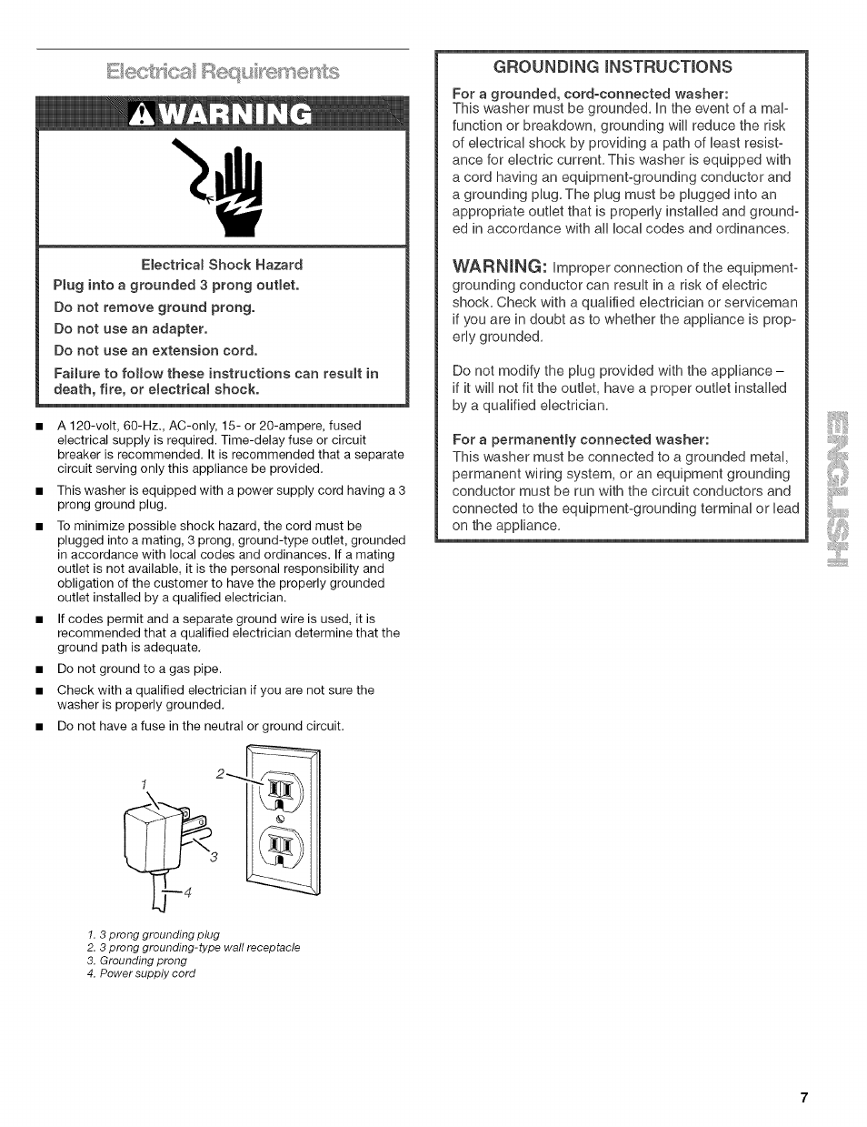 Awarning, Electrical requirements | Kenmore HE3 110 User Manual | Page 7 / 31