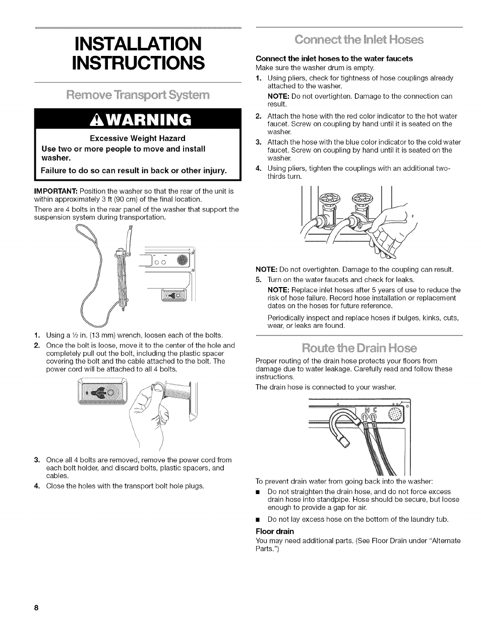 Installation instructions, A warning, Hoses | Kenmore HE3 110 User Manual | Page 8 / 31