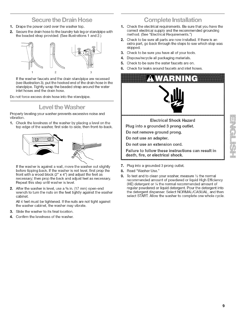 Awarnin, Iete installalion | Kenmore HE3 110 User Manual | Page 9 / 31