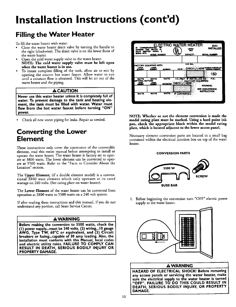 Filling the water heater, A caution, Converting the lower element | Awarning, Installation instructions (cont’d), 1 ï 150 | Kenmore POWER MISER 153.316555 User Manual | Page 10 / 32