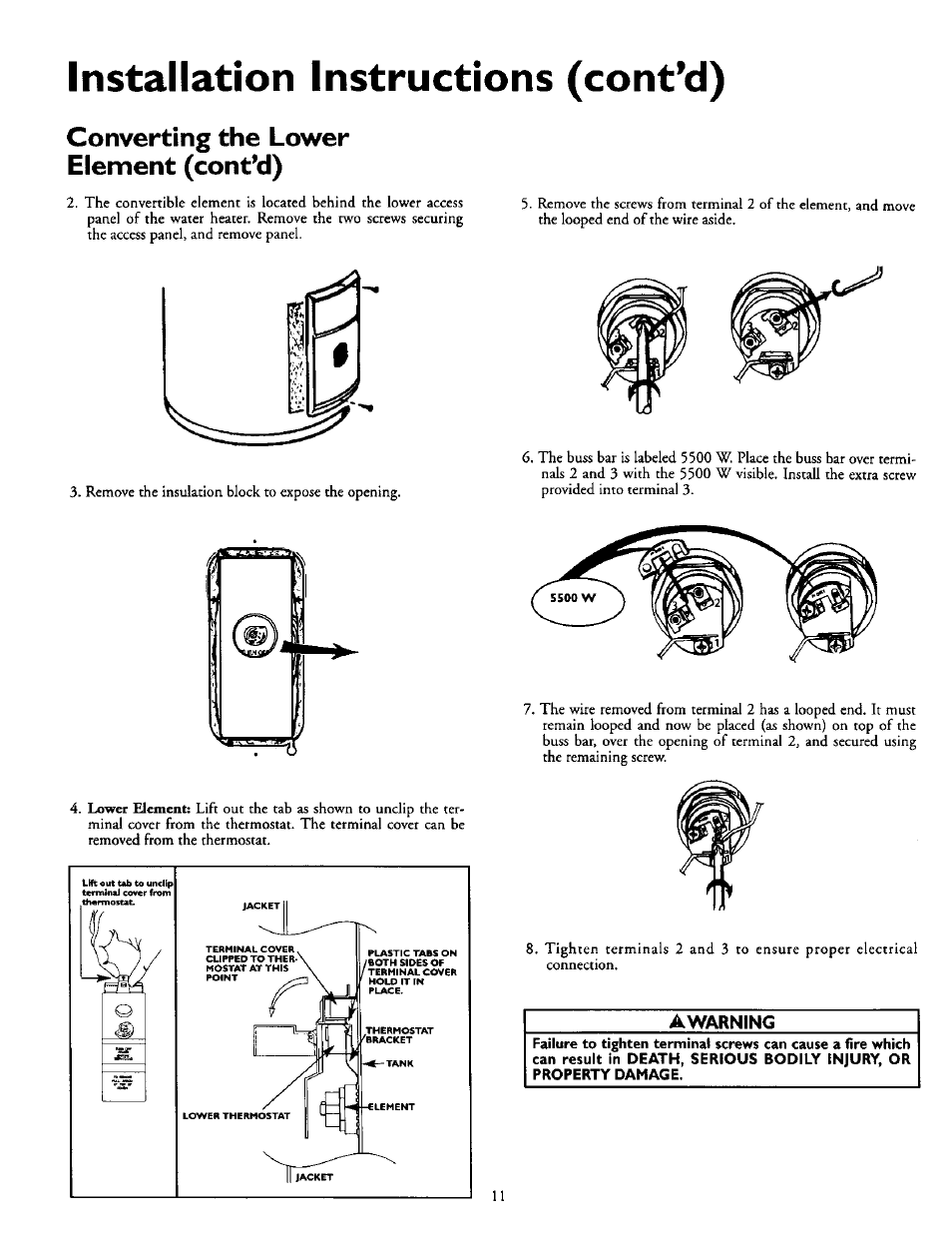 Converting the lower element (cont’d), Awarning, Installation instructions (cont'd) | Kenmore POWER MISER 153.316555 User Manual | Page 11 / 32