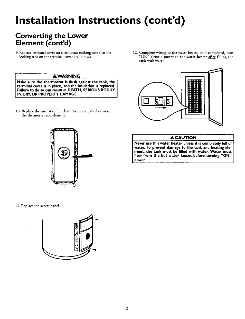 Converting the lower element (cont’d), Awarning, A caution | Converting the lower element -12, Installation instructions (contad) | Kenmore POWER MISER 153.316555 User Manual | Page 12 / 32