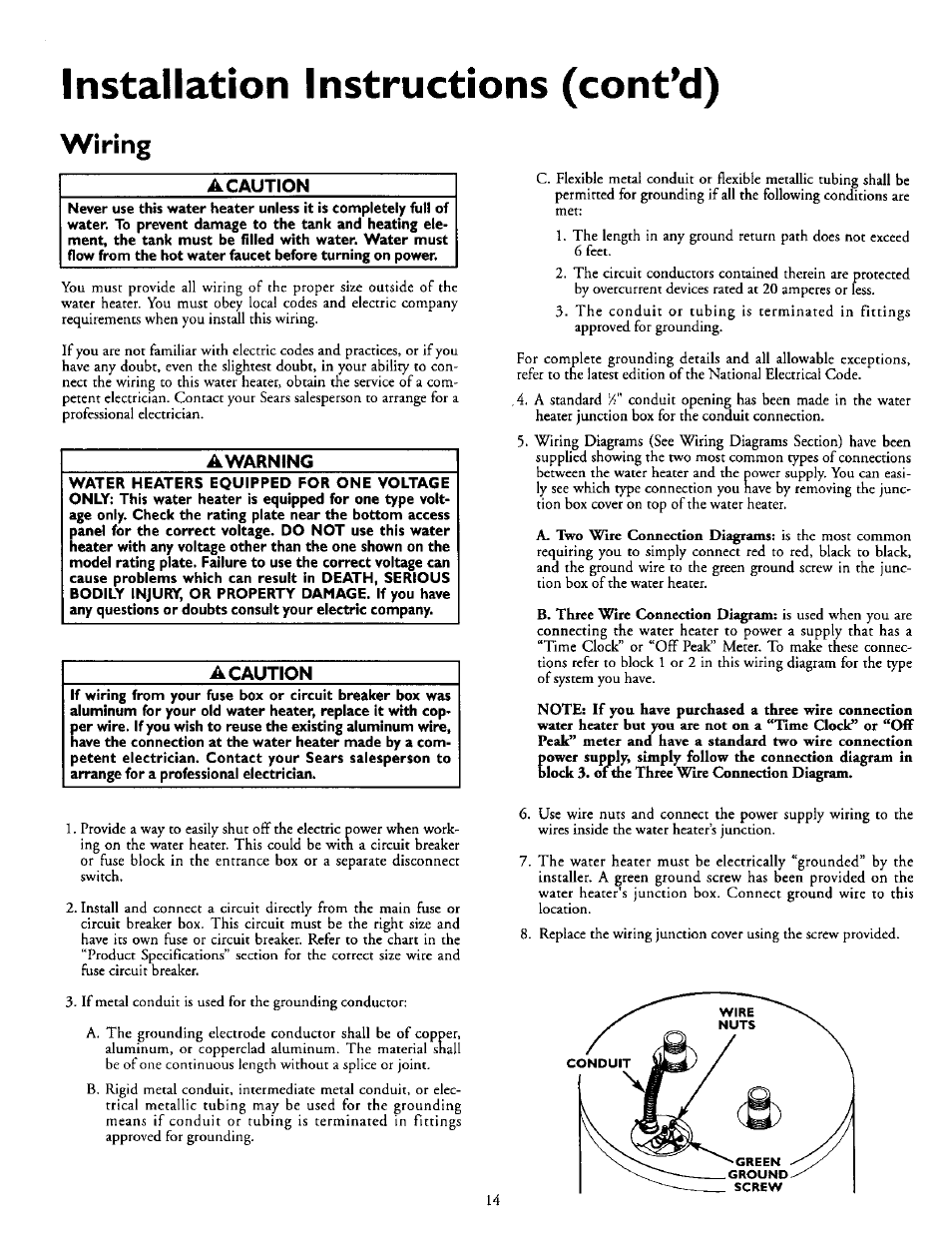 Wiring, A caution, Awarning | Installation instructions (cont’d) | Kenmore POWER MISER 153.316555 User Manual | Page 14 / 32