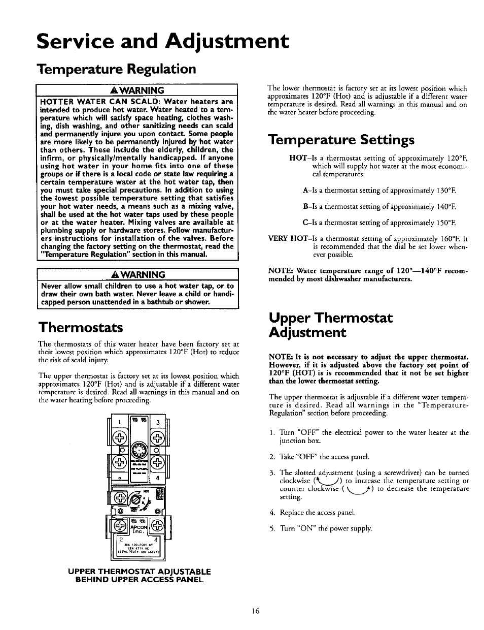 Service and adjustment, Temperature regulation, Awarning | Thermostats, Temperature settings, Upper thermostat adjustment | Kenmore POWER MISER 153.316555 User Manual | Page 16 / 32