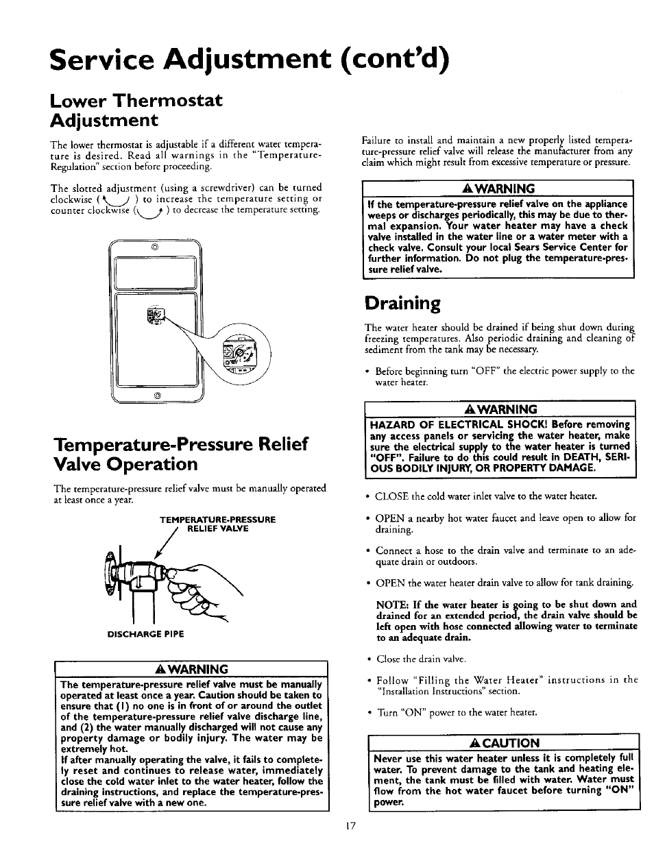 Lower thermostat adjustment, Temperature-pressure relief valve operation, Awarning | Draining, A caution, Temperature-pressure relief valve, Service adjustment (contad) | Kenmore POWER MISER 153.316555 User Manual | Page 17 / 32