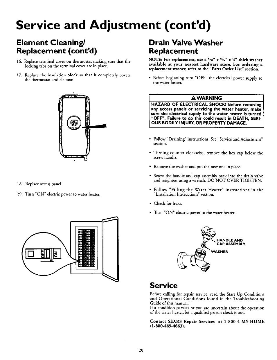 Element cleaning/ replacement (cont’d), Drain valve washer replacement, Awarning | Service, Service and adjustment (cont’d) | Kenmore POWER MISER 153.316555 User Manual | Page 20 / 32