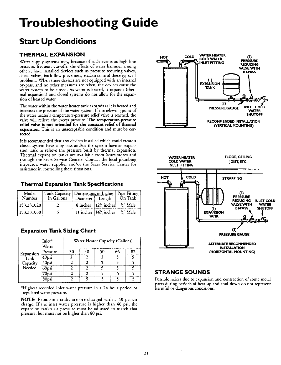 Troubleshooting guide, Start up conditions, Thermal expansion | Thermal expansion tank specifications, Expansion tank sizing chart, Strange sounds | Kenmore POWER MISER 153.316555 User Manual | Page 21 / 32