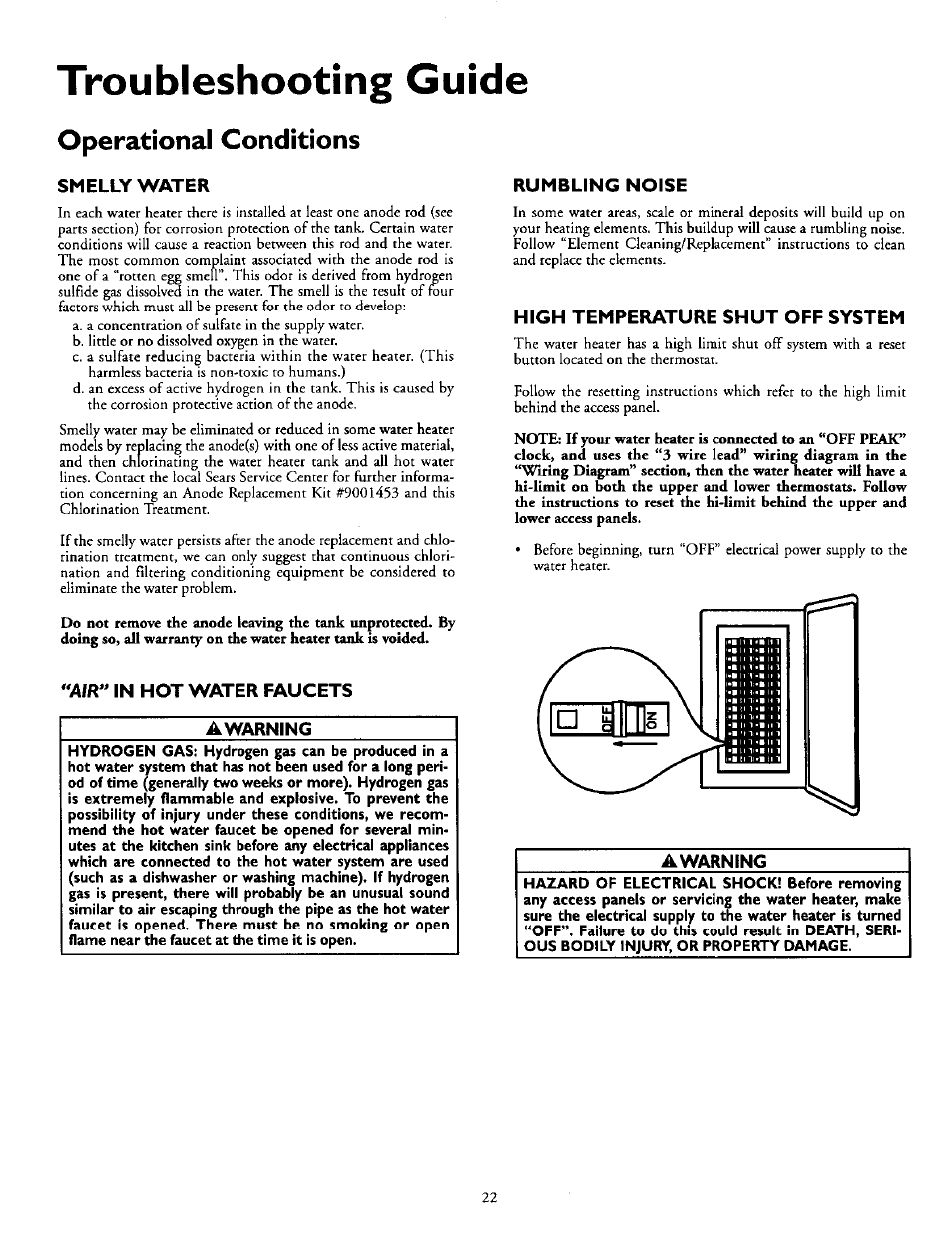 Troubleshooting guide, Operational conditions, Smelly water | Air" in hot water faucets, Rumbling noise, High temperature shut off system, Awarning, Operational conditions -23, Air in hot water faucets | Kenmore POWER MISER 153.316555 User Manual | Page 22 / 32