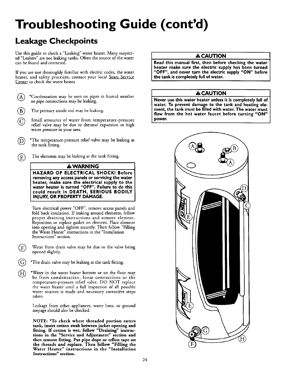 Troubleshooting guide (cont’d), Leakage checkpoints, A caution | Awarning | Kenmore POWER MISER 153.316555 User Manual | Page 24 / 32