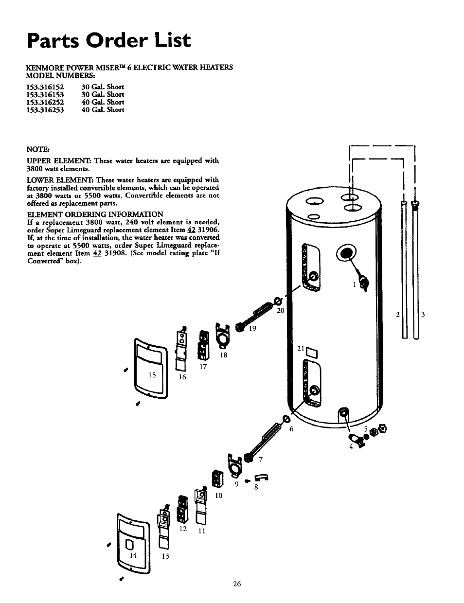 Parts order list | Kenmore POWER MISER 153.316555 User Manual | Page 26 / 32