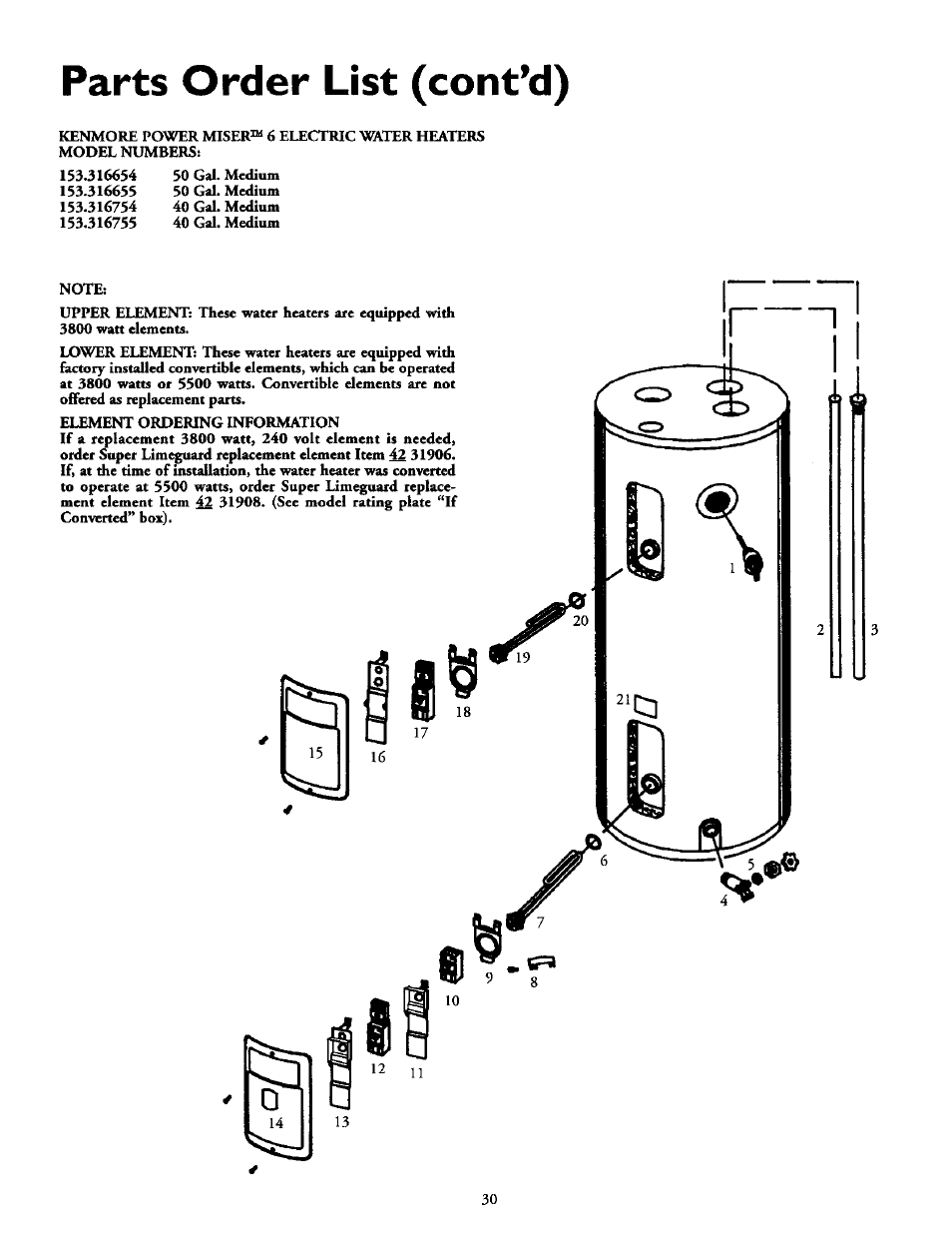 Parts order list (cont’d) | Kenmore POWER MISER 153.316555 User Manual | Page 30 / 32