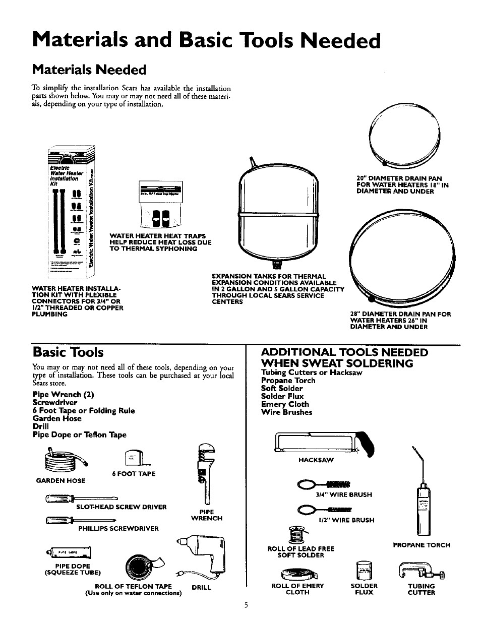 Materials and basic tools needed, Materials needed, Basic tools | Materials needed basic tools, Additional tools needed when sweat soldering | Kenmore POWER MISER 153.316555 User Manual | Page 5 / 32