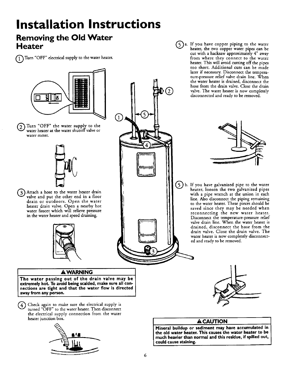 Installation instructions, Removing the old water heater | Kenmore POWER MISER 153.316555 User Manual | Page 6 / 32