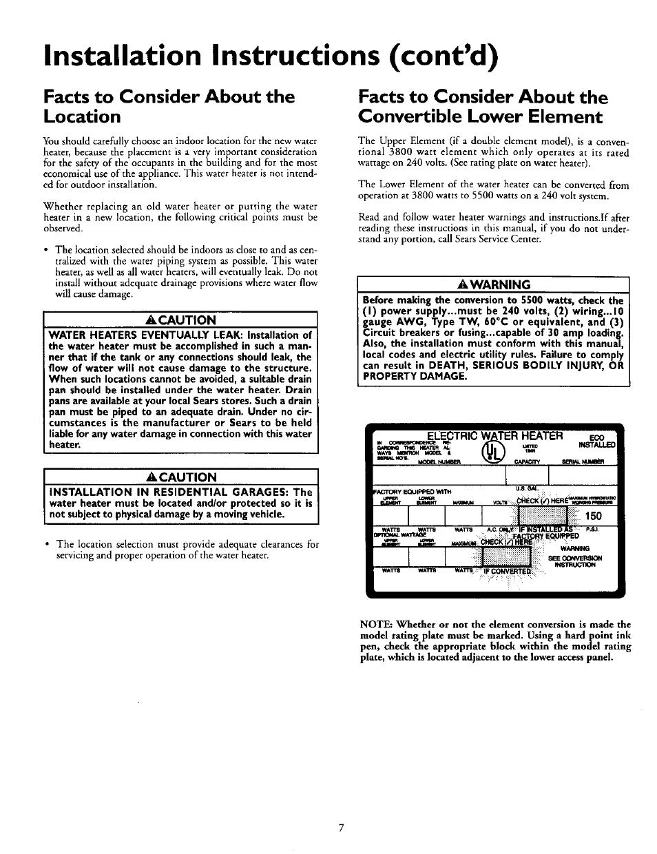 Facts to consider about the location, A caution, Awarning | Installation instructions (contad) | Kenmore POWER MISER 153.316555 User Manual | Page 7 / 32