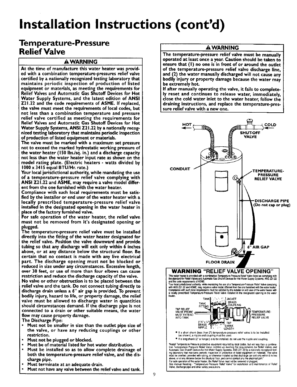 Temperature-pressure relief valve, A warning, Warning “relief valve opening | Temperature-pressure relief valve operation, Installation instructions (cont’d), Warning | Kenmore POWER MISER 153.316555 User Manual | Page 9 / 32