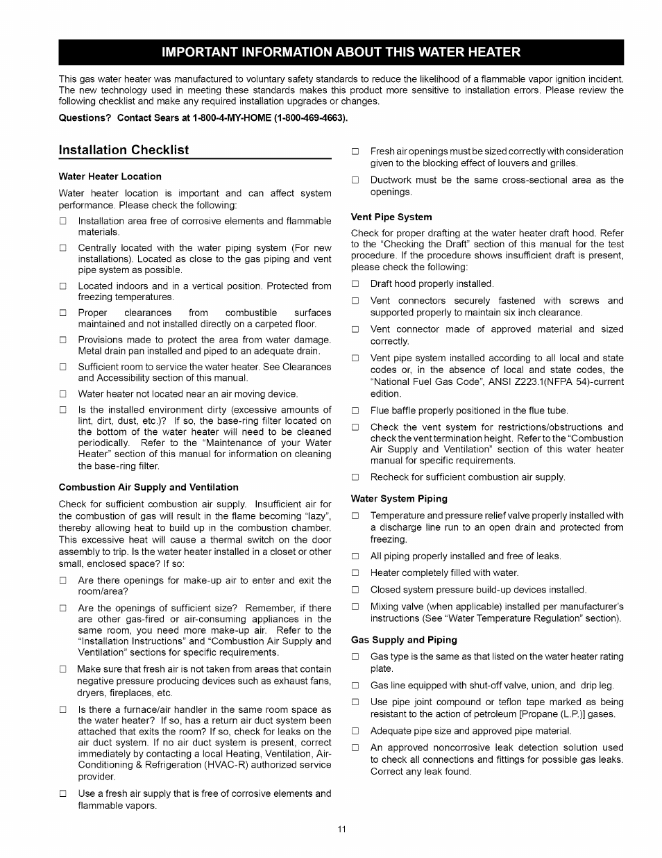 Important information about this water heater, Installation checklist, Water heater location | Combustion air suppiy and ventiiation, Vent pipe system, Water system piping, Gas suppiy and piping | Kenmore 153.339432 User Manual | Page 11 / 40