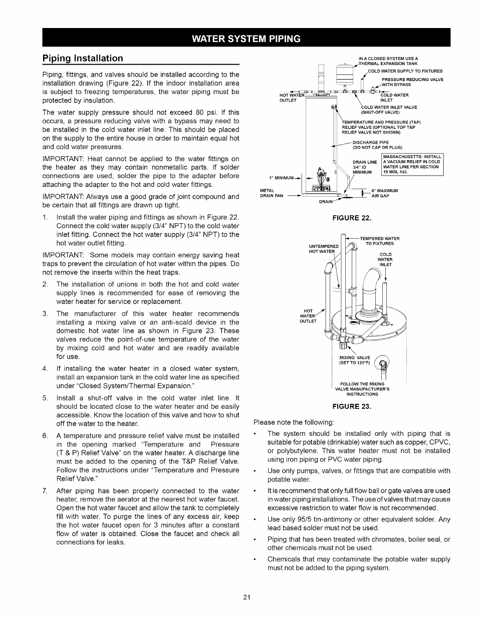 Water system piping, Piping installation, Water system piping -22 | Water system piping piping installation | Kenmore 153.339432 User Manual | Page 21 / 40