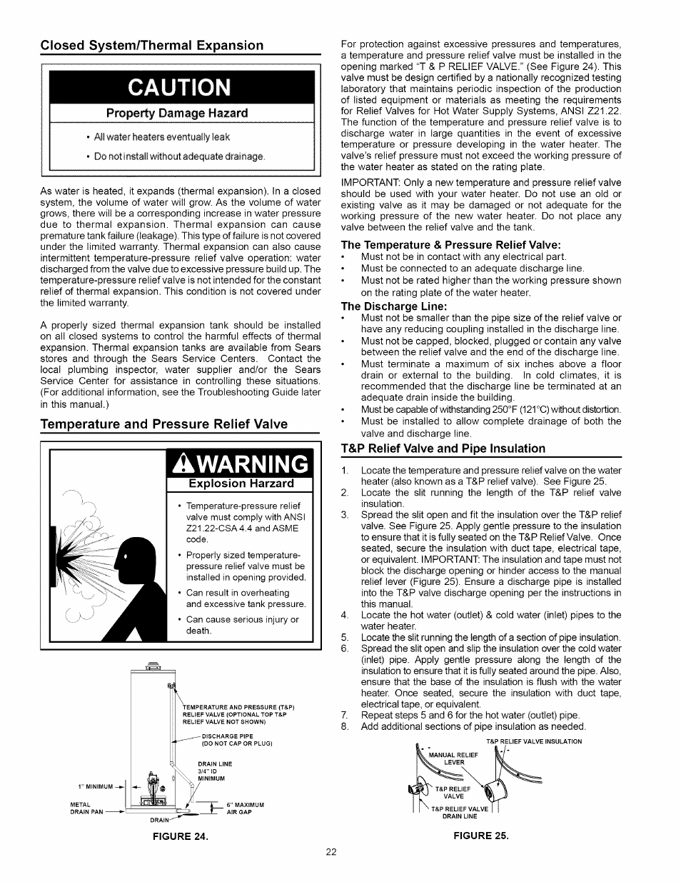 Closed system/thermal expansion, Temperature and pressure relief valve, The temperature & pressure relief valve | The discharge line, T&p relief valve and pipe insulation, Warning, Filing, Property damage hazard, Explosion harzard | Kenmore 153.339432 User Manual | Page 22 / 40