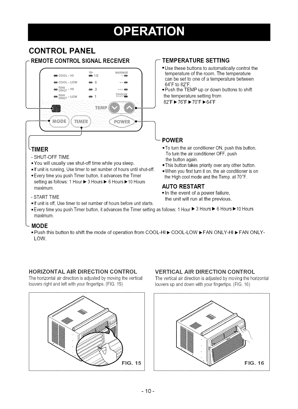 Control panel, Vertical air direction control, Operation | Kenmore 580.75080 User Manual | Page 10 / 32