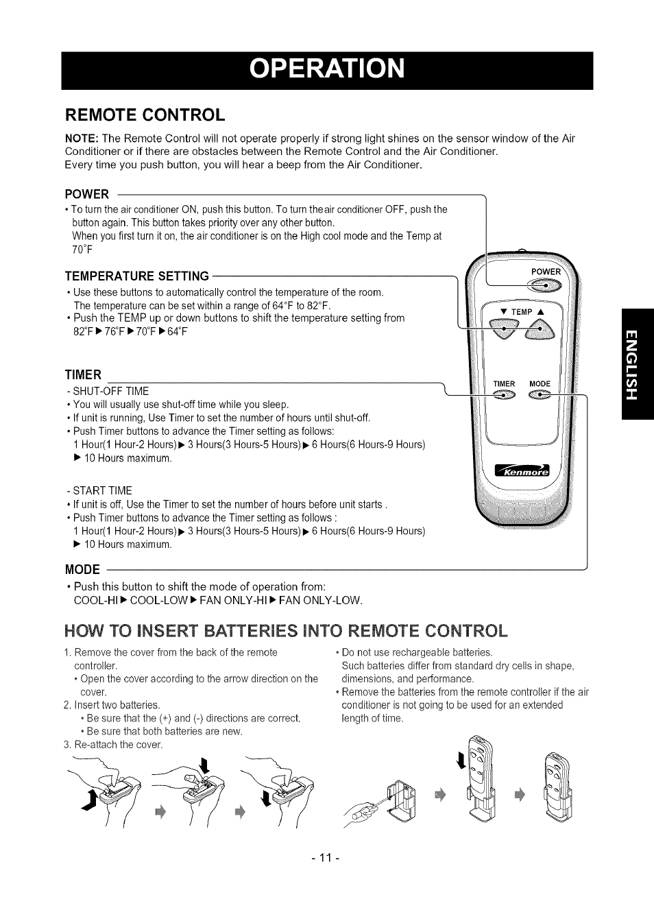 Remote control, Power л, Temperature setting | Timer, Mode, Operation, How to insert batteries into remote control | Kenmore 580.75080 User Manual | Page 11 / 32