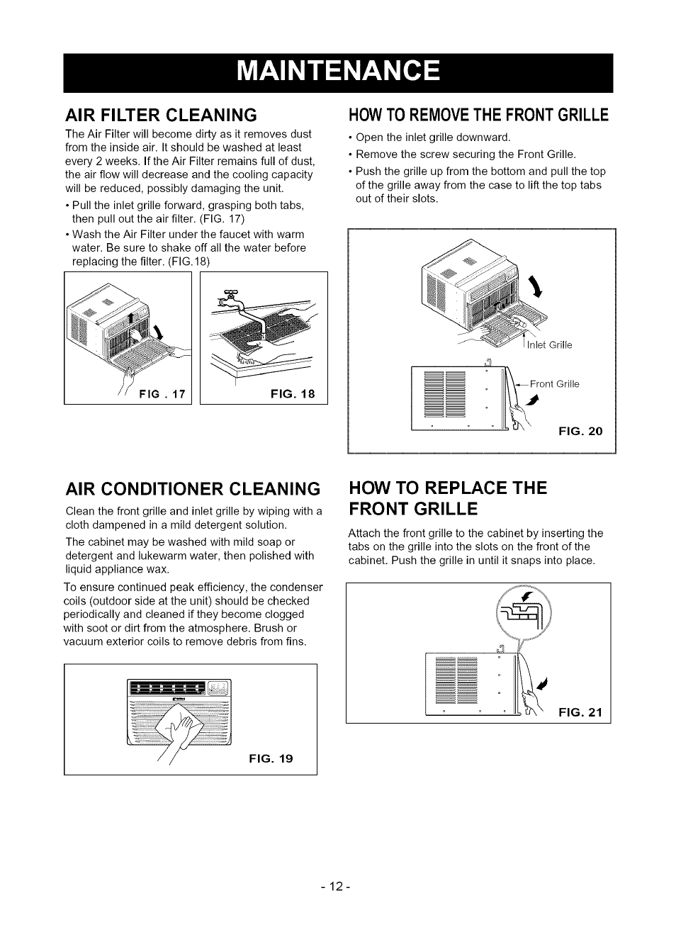 Maintenance, Air filter cleaning, How to remove the front grille | Air conditioner cleaning, How to replace the front grille | Kenmore 580.75080 User Manual | Page 12 / 32