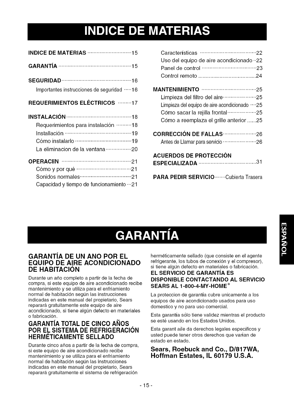 Indice de materias, Garantia | Kenmore 580.75080 User Manual | Page 15 / 32