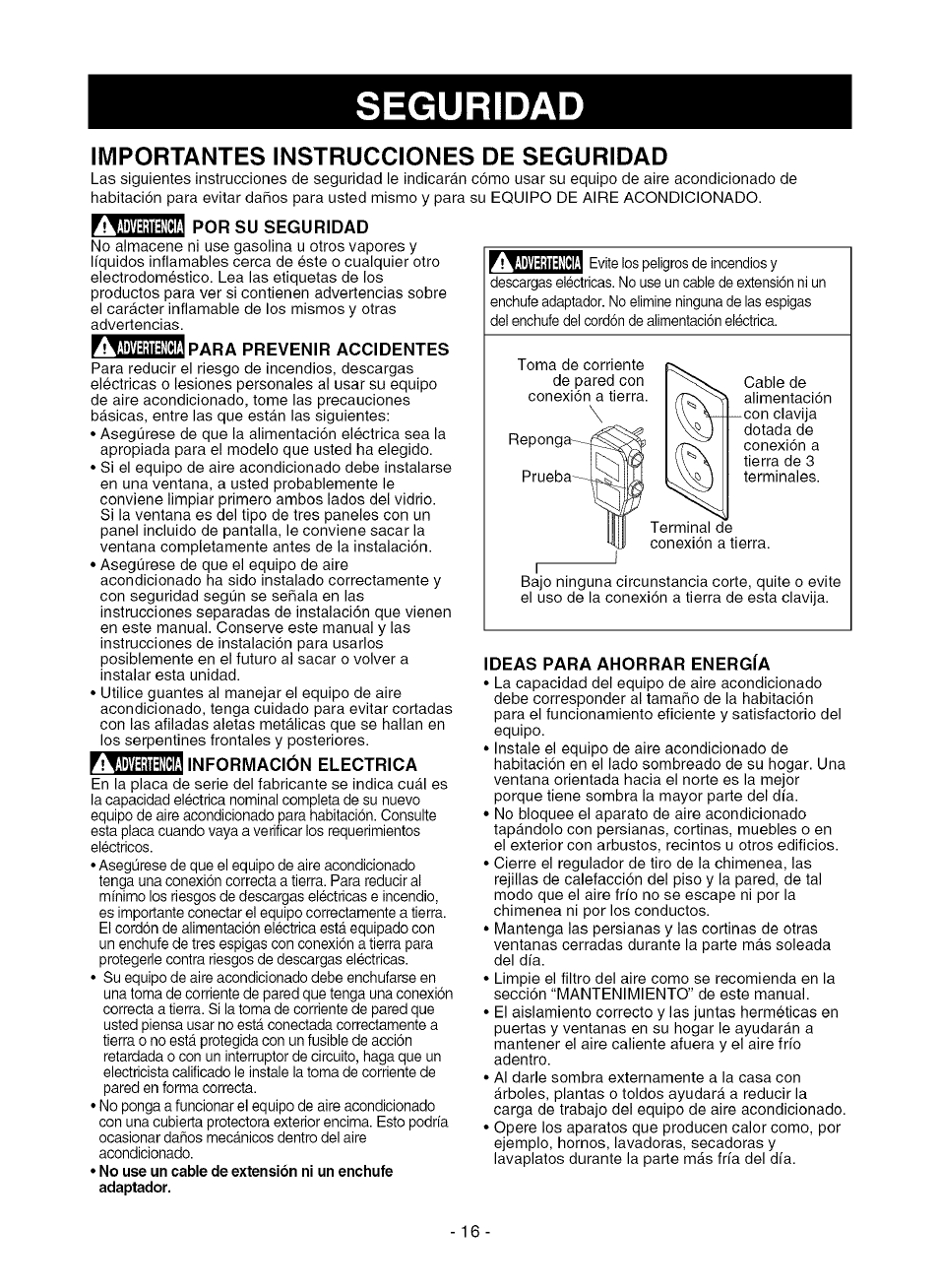 Seguridad, Importantes instrucciones de seguridad, M por su seguridad | Información electrica, Ideas para ahorrar energía, Importantes instrucciones de seguridad.16 | Kenmore 580.75080 User Manual | Page 16 / 32