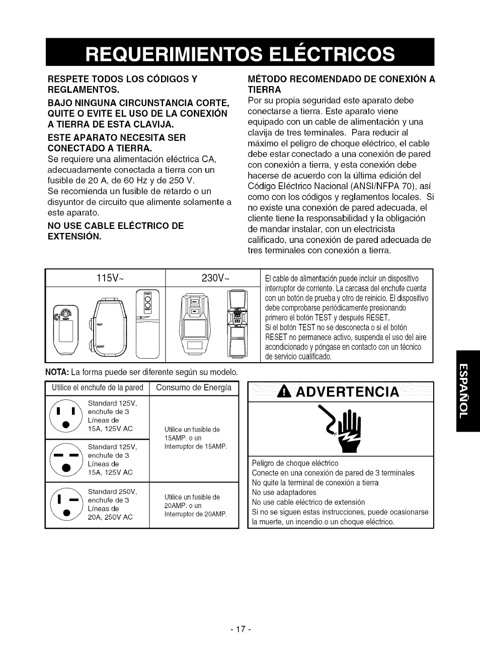 Requerimientos electricos, Respete todos los codigos y reglamentos, Este aparato necesita ser conectado atierra | No use cable eléctrico de extensión, Metodo recomendado de conexion a tierra, Requerimientos eléctricos | Kenmore 580.75080 User Manual | Page 17 / 32