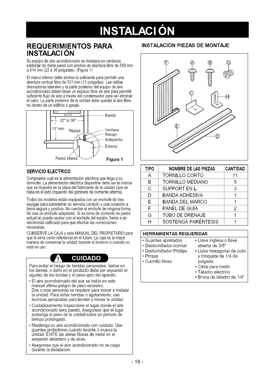 Requerimientos para instalación, Servicio electrico, Instalaci on | Cuidado | Kenmore 580.75080 User Manual | Page 18 / 32