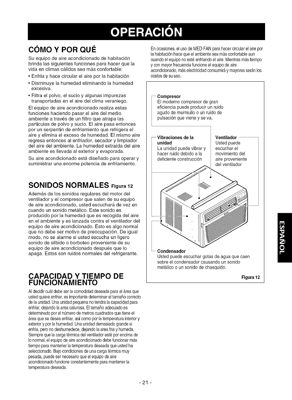 Como y por que, Sonidos normales figura 12, Capacidad y tiempo de funcionamiento | Cómo y por qué, Operacion, Sonidos normales | Kenmore 580.75080 User Manual | Page 21 / 32