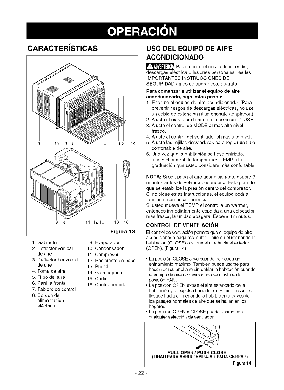 Caracteristicas, Uso del equipo de aire acondicionado, Control de ventilación | Características, Operacion | Kenmore 580.75080 User Manual | Page 22 / 32