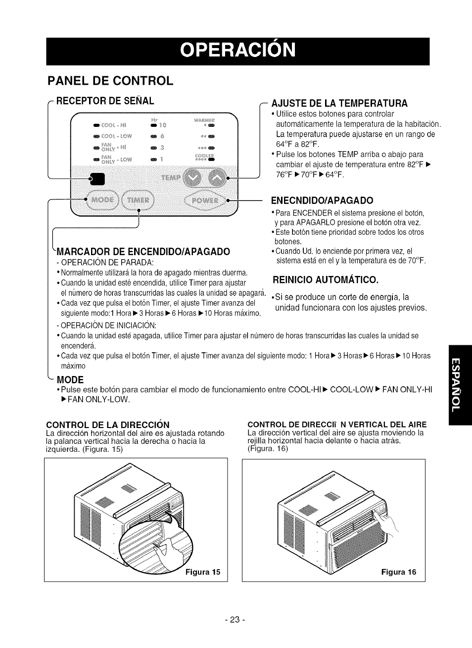 Panel de control, Receptor de señal, Marcador de encendido/apagado | Mode, Operacion, Ajuste de la temperatura, Enecndido/apagado, Reinicio automatico | Kenmore 580.75080 User Manual | Page 23 / 32