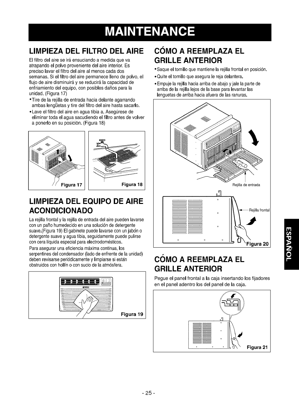 Maintenance, Limpieza del filtro del aire, Limpieza del equipo de aire | Como a reemplaza el grille anterior, Cómo a reemplaza el grille anterior, Acondicionado | Kenmore 580.75080 User Manual | Page 25 / 32