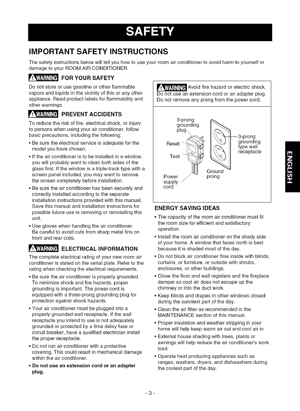 Safety, Important safety instructions, For your safety | Prevent accidents, Electrical information, Energy saving ideas, Warning | Kenmore 580.75080 User Manual | Page 3 / 32