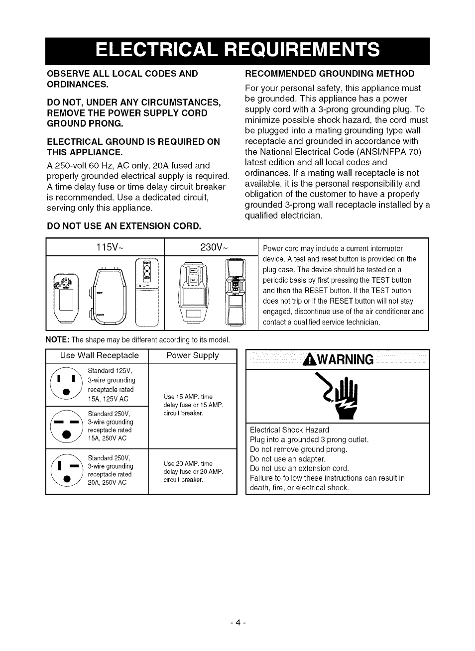 Electrical requirements, Observe all local codes and ordinances, Electrical ground is required on this appliance | Do not use an extension cord, Recommended grounding method, 115v, 230v, Warning | Kenmore 580.75080 User Manual | Page 4 / 32