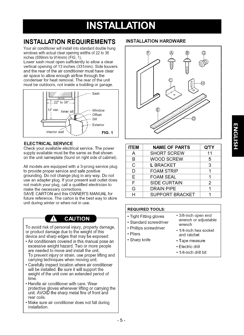 Installation requirements installation hardware, Electrical service, Installation | Installation requirements | Kenmore 580.75080 User Manual | Page 5 / 32