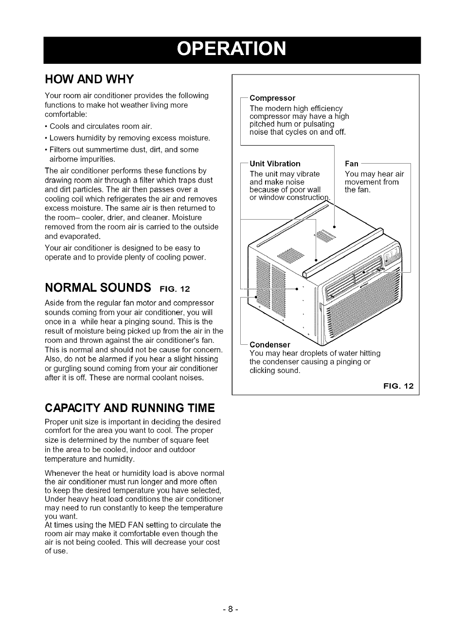 How and why, Normal sounds fig. 12, Capacity and running time | Operation, Normal sounds | Kenmore 580.75080 User Manual | Page 8 / 32