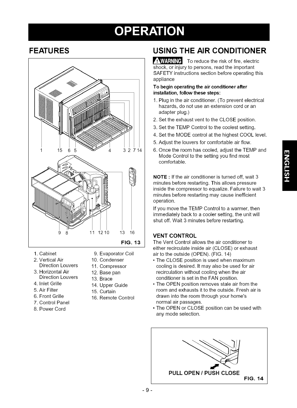 Features, Using the air conditioner, Vent control | Operation | Kenmore 580.75080 User Manual | Page 9 / 32