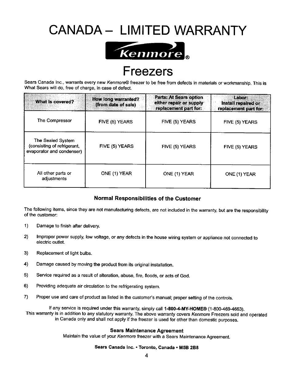 Canada- limited warranty, Freezers | Kenmore 183.134013 User Manual | Page 4 / 9