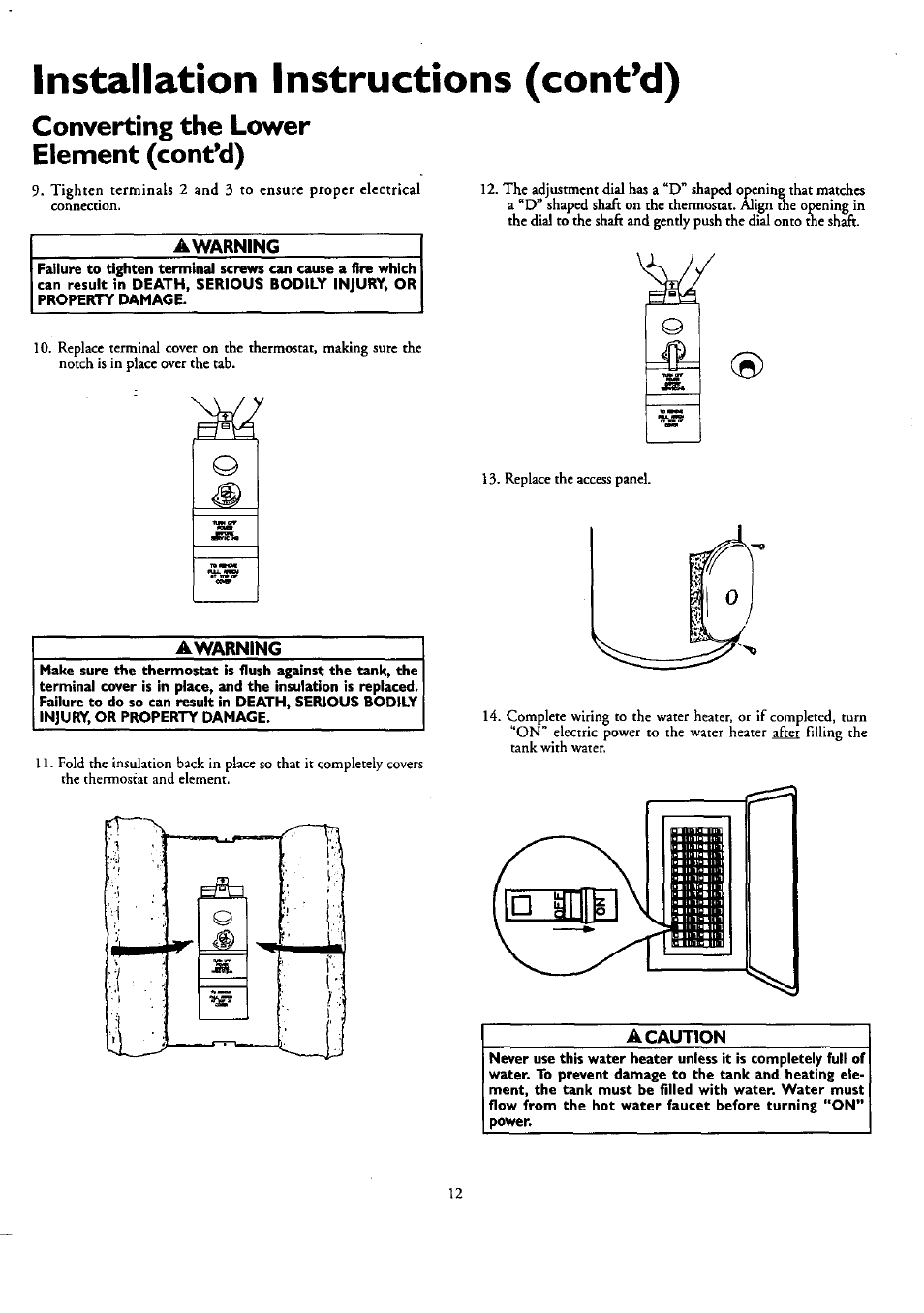 Converting the lower element (cont’d), Awarning, A caution | Installation instructions (contad) | Kenmore POWER MISER 153.320390 HT 30 GAL User Manual | Page 12 / 28