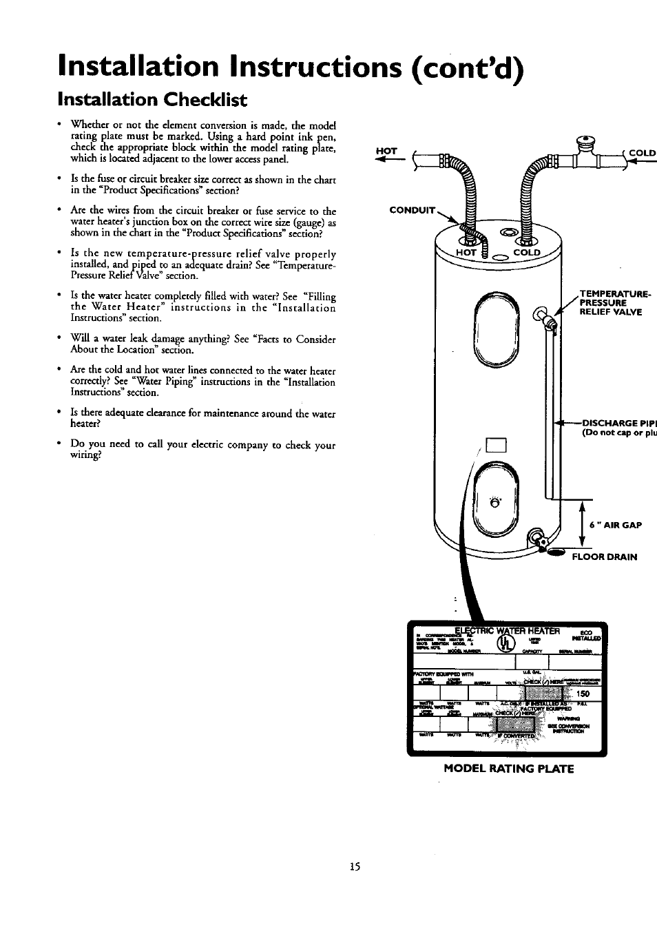 Installation instructions (cont’d), Installation checklist | Kenmore POWER MISER 153.320390 HT 30 GAL User Manual | Page 15 / 28