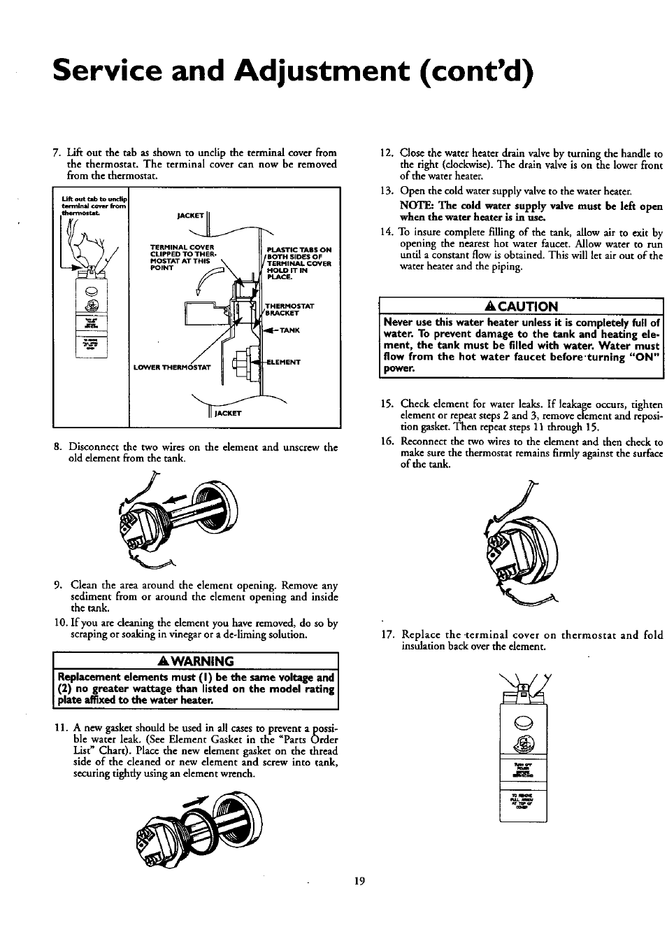 A caution, Service and adjustment (cont’d) | Kenmore POWER MISER 153.320390 HT 30 GAL User Manual | Page 19 / 28