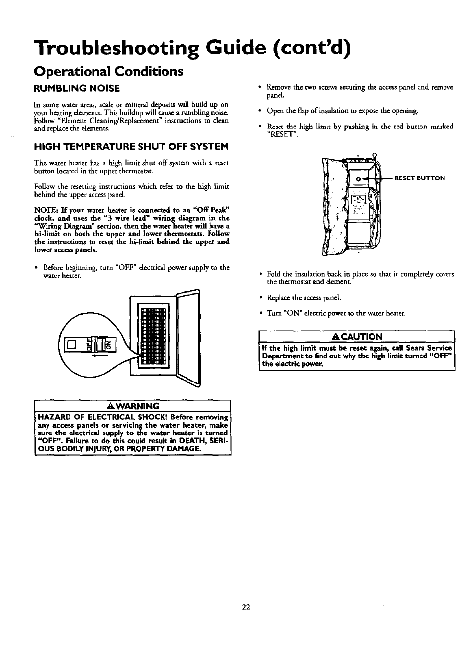 Troubleshooting guide (cont’d), Operational conditions, Rumbling noise | High temperature shut off system, Acauti, Awarning, Operational conditions -23, Rumbling noise high temperature shut oflf system | Kenmore POWER MISER 153.320390 HT 30 GAL User Manual | Page 22 / 28