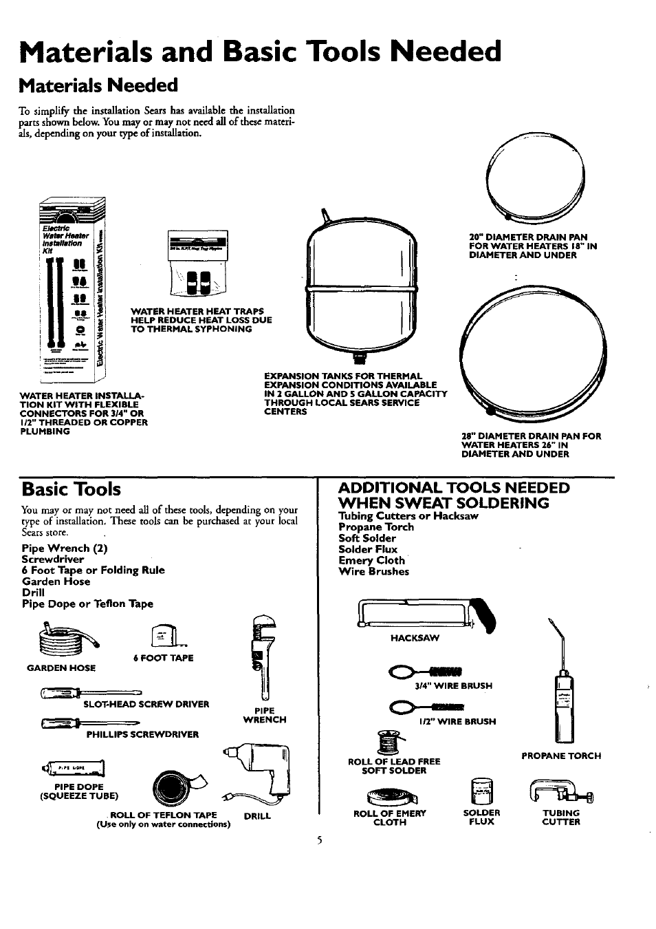 Bask tools, Materials and basic tools needed, Materials needed | Additional tools needed when sweat soldering | Kenmore POWER MISER 153.320390 HT 30 GAL User Manual | Page 5 / 28