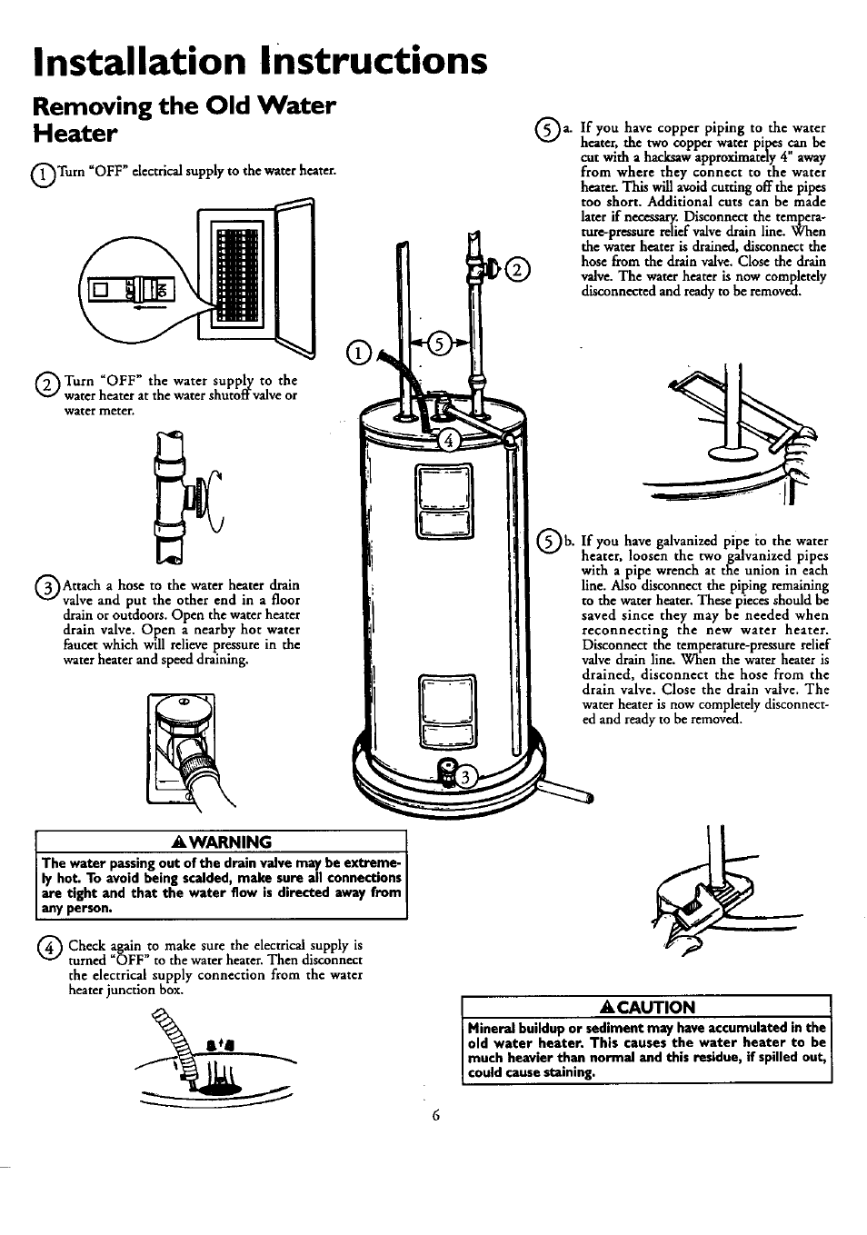 Removing the old water heater, Awarning, Acaution | Filling the water heater, Installation instructions | Kenmore POWER MISER 153.320390 HT 30 GAL User Manual | Page 6 / 28