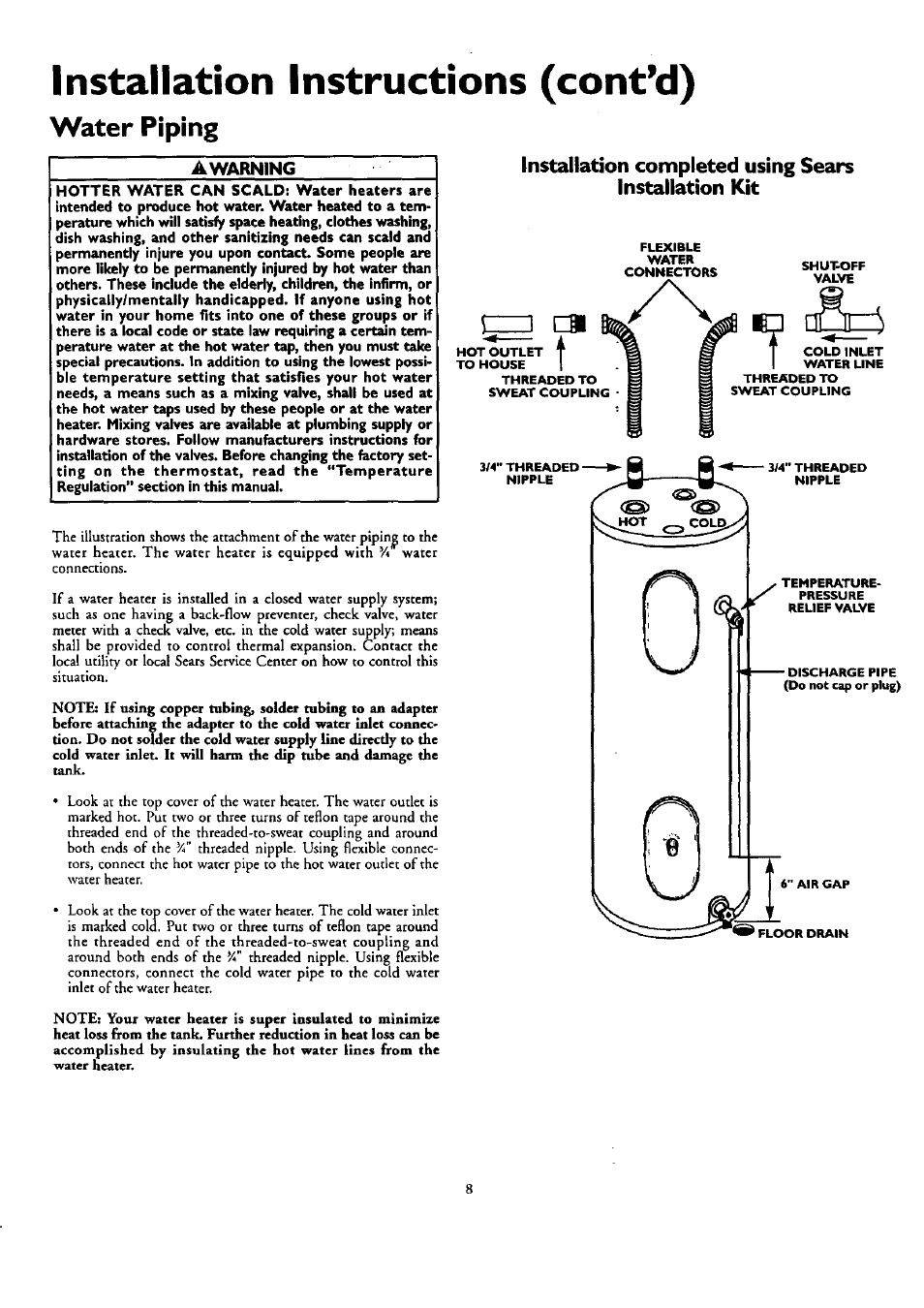 Awarning, Installation instructions (cont’d), Water piping | Kenmore POWER MISER 153.320390 HT 30 GAL User Manual | Page 8 / 28