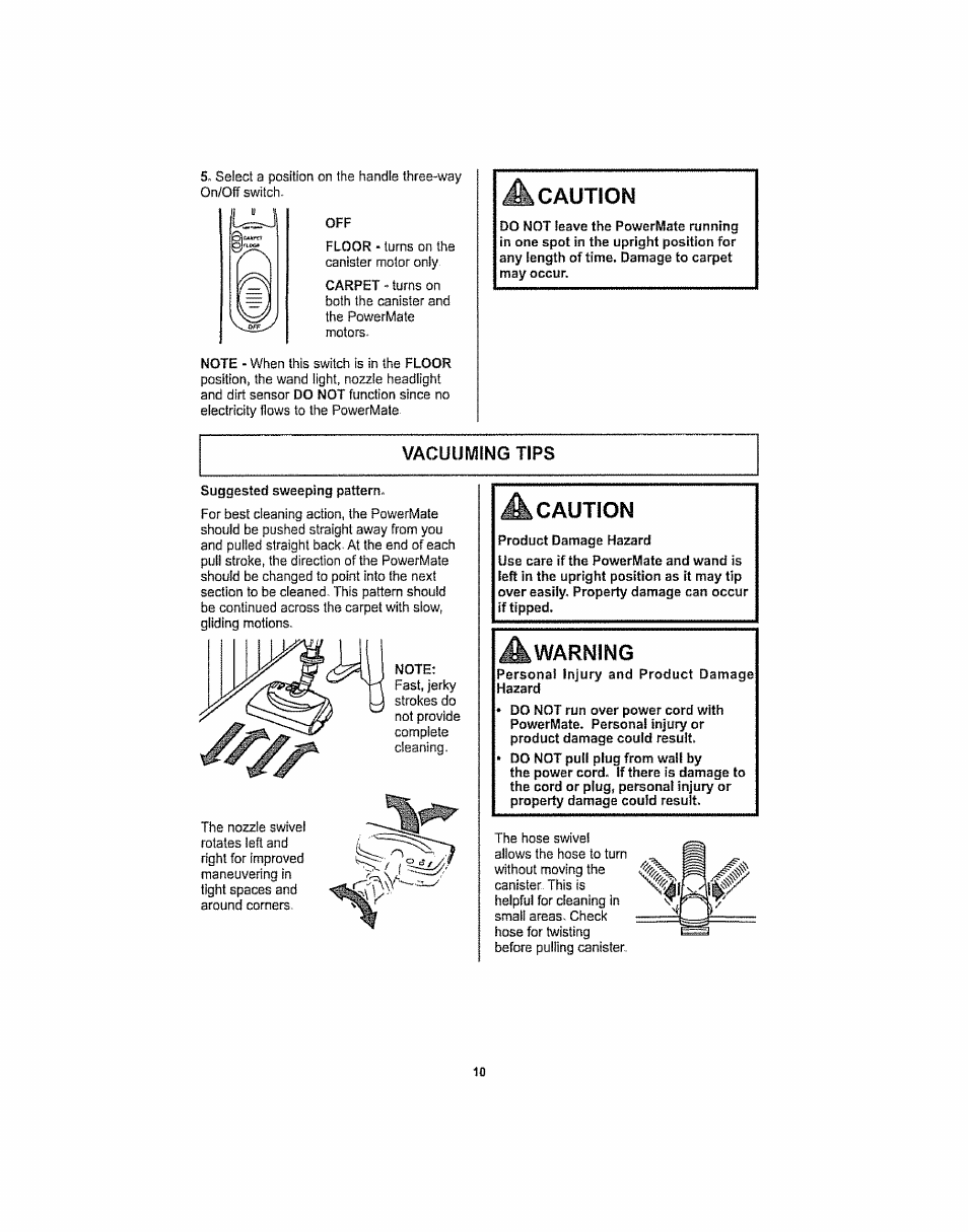 Vacuuming tips, Caution, Warning | Vacuuming tips -11 | Kenmore ASPIRADORA 116.29914 User Manual | Page 10 / 52