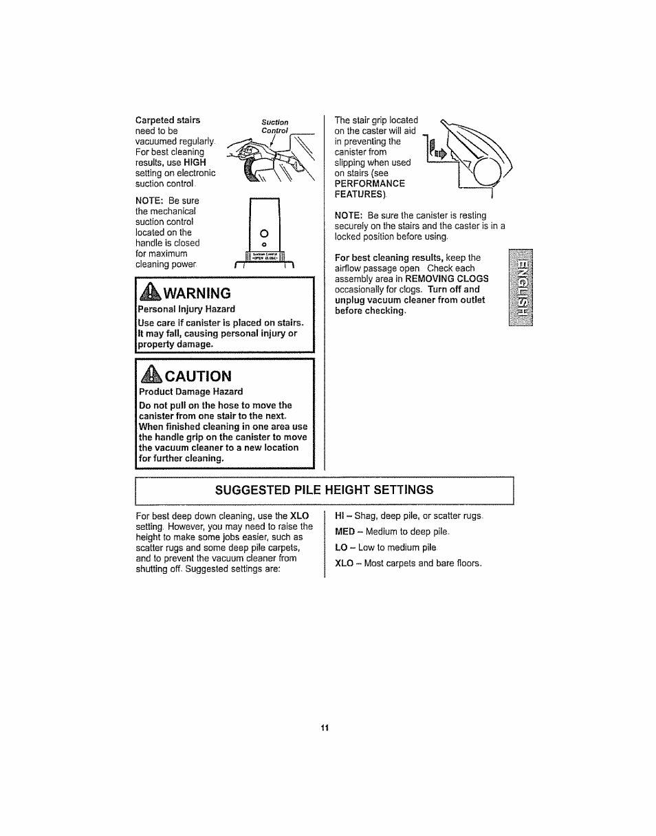 Warning, Caution, Suggested pile height settings | Kenmore ASPIRADORA 116.29914 User Manual | Page 11 / 52