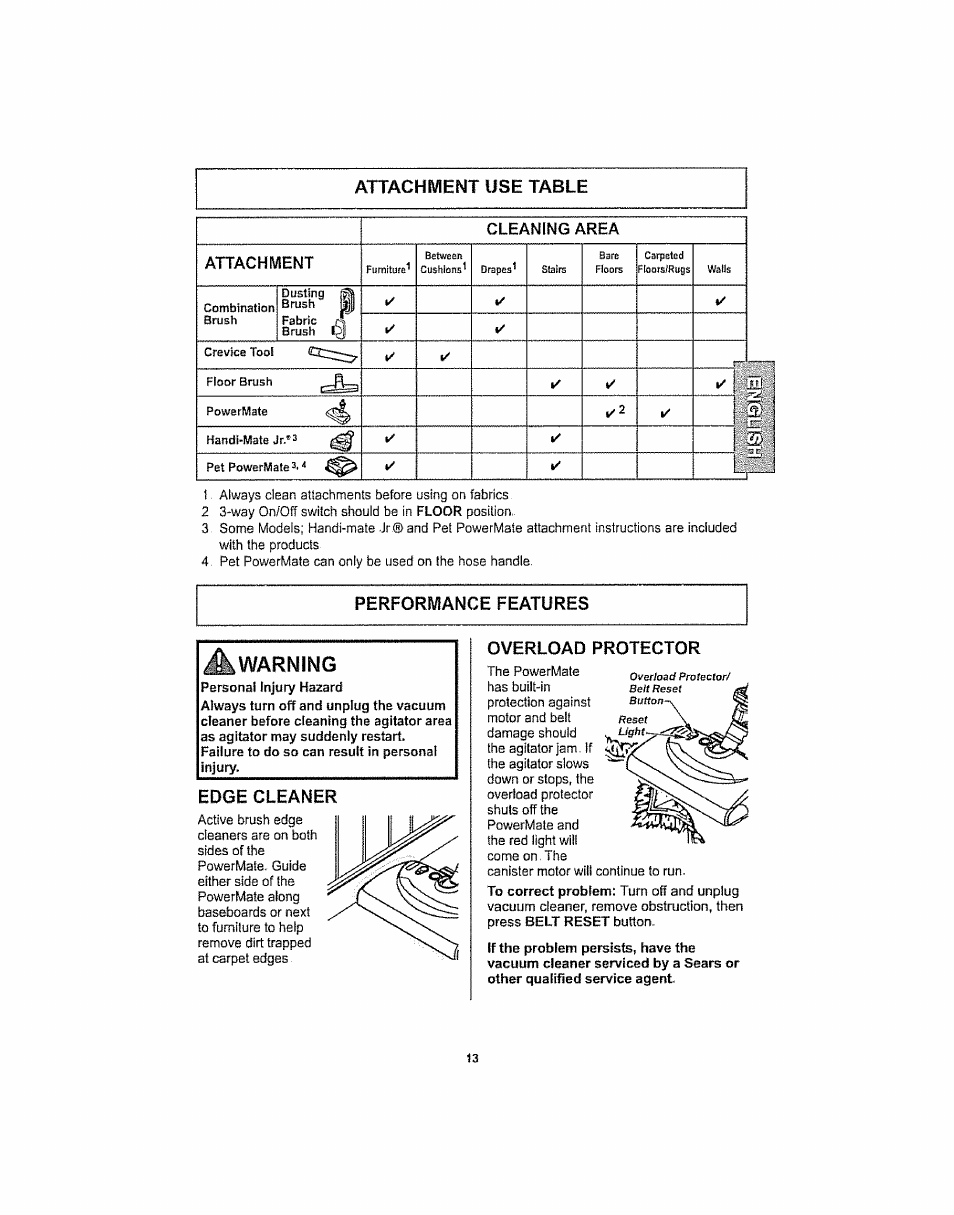 Performance features, Edge cleaner, Overload protector | Warning, Attachment use table cleaning area attachment | Kenmore ASPIRADORA 116.29914 User Manual | Page 13 / 52