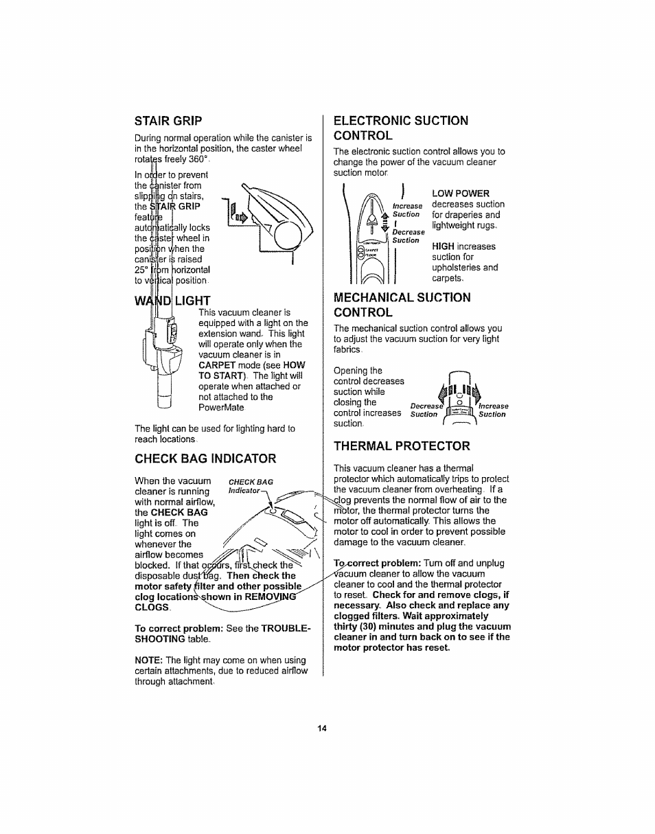 Stair grip, Waifjd light, Check bag indicator | Electronic suction control, Mechanical suction control, Thermal protector | Kenmore ASPIRADORA 116.29914 User Manual | Page 14 / 52